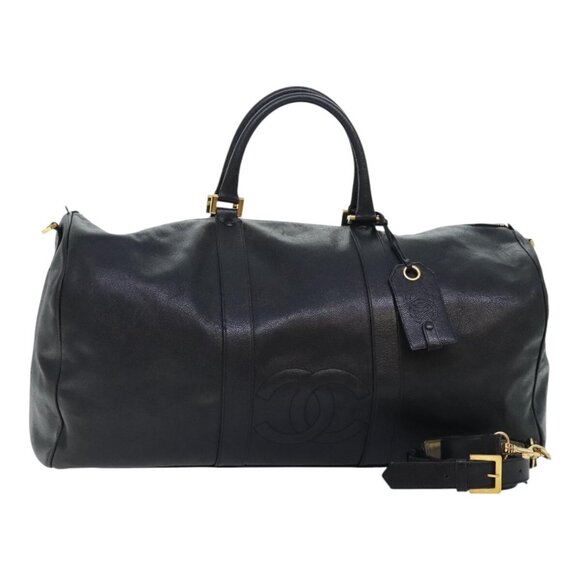 CHANEL COCO Mark Boston Bag Grained Calf Skin 2way Black Gold CC Auth - Picture 1 of 16